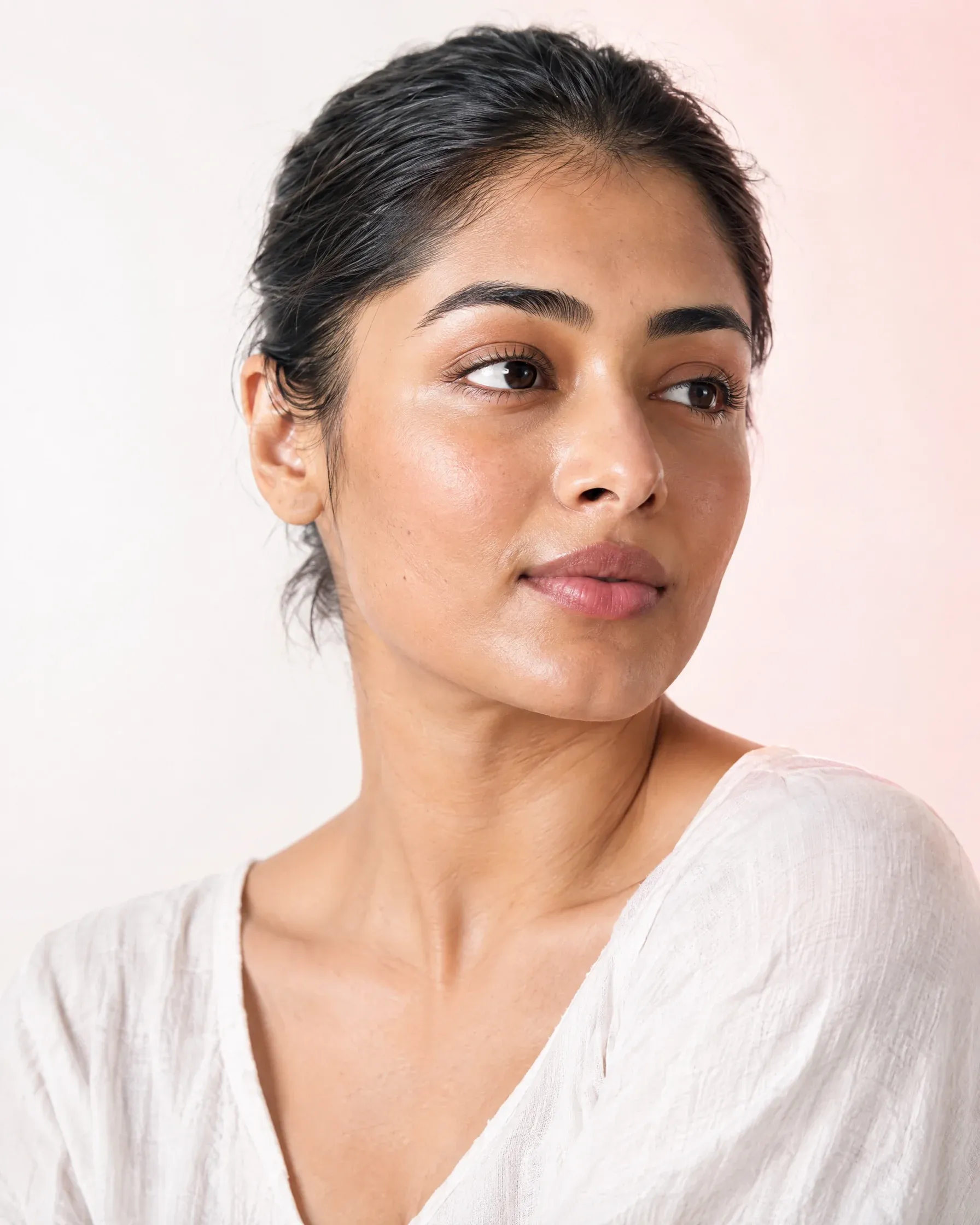 AI-generated editorial portrait of a woman with natural skin in a bright white studio. She is a model image, not a patient or a member of staff.